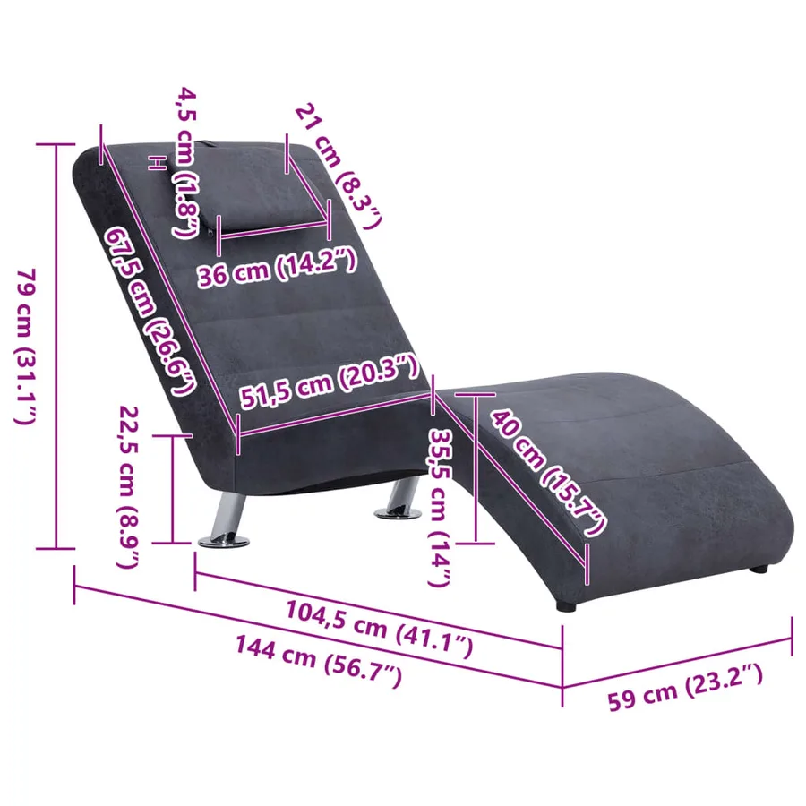 Chaise longue avec oreiller Gris Similicuir daim - 10