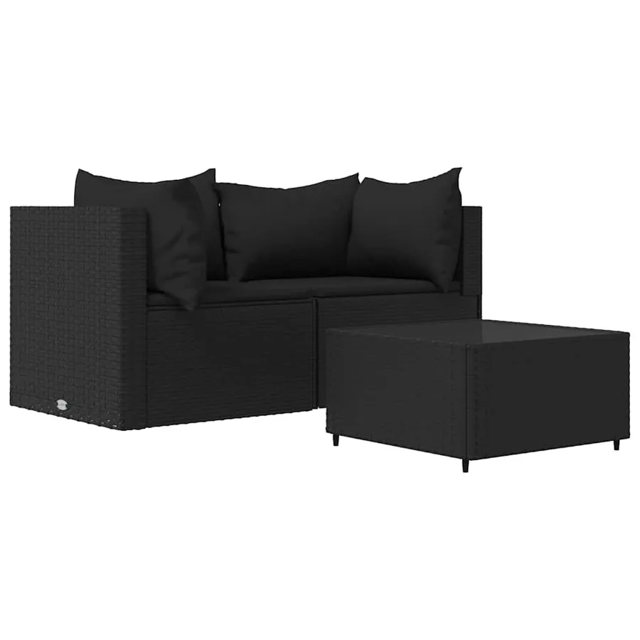 Salon de jardin 3 pcs avec coussins Noir Résine tressée - 2