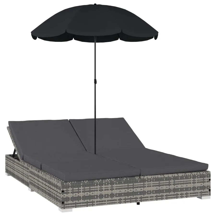 Chaise longue d'extérieur avec parasol Résine tressée Gris - 2