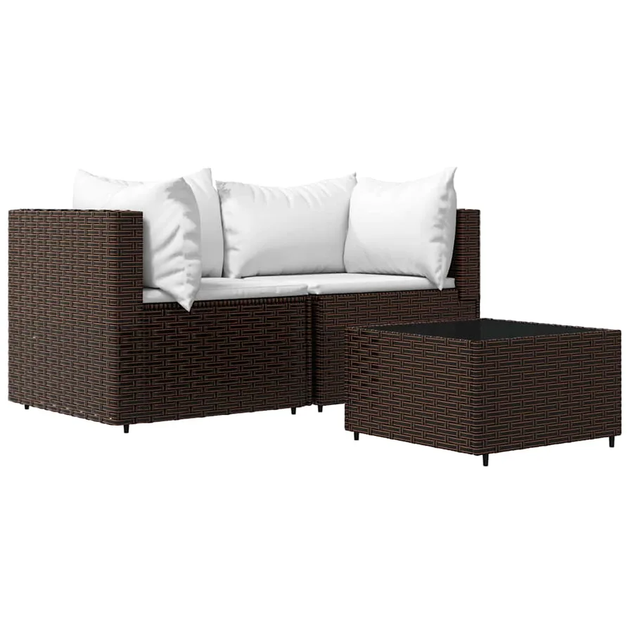 Salon de jardin 3 pcs avec coussins marron résine tressée - 2