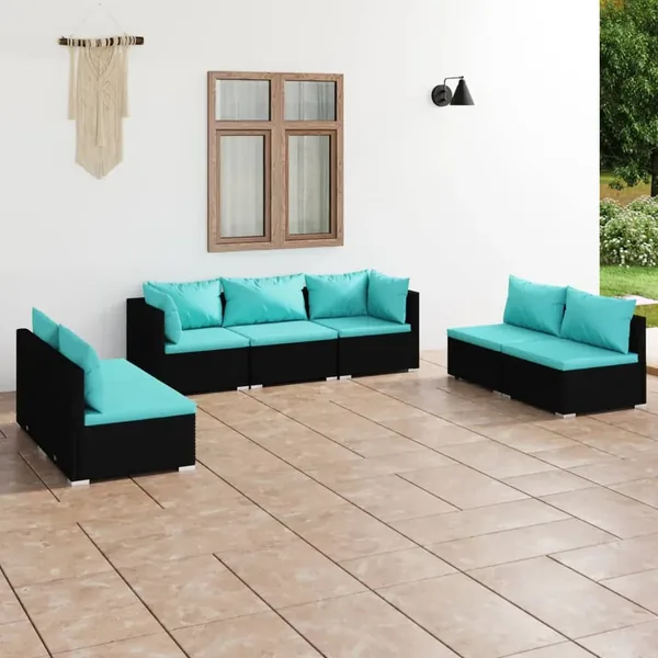 Salon de jardin 7 pcs avec coussins Résine tressée Noir