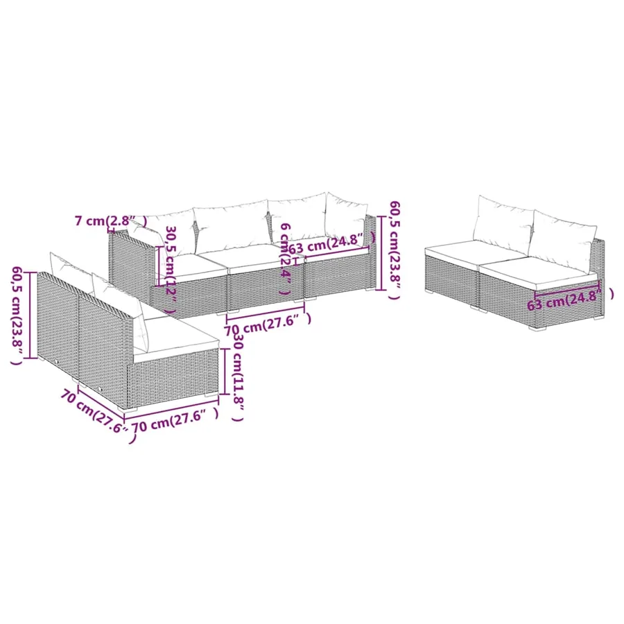 Salon de jardin 7 pcs avec coussins Résine tressée Noir - 7