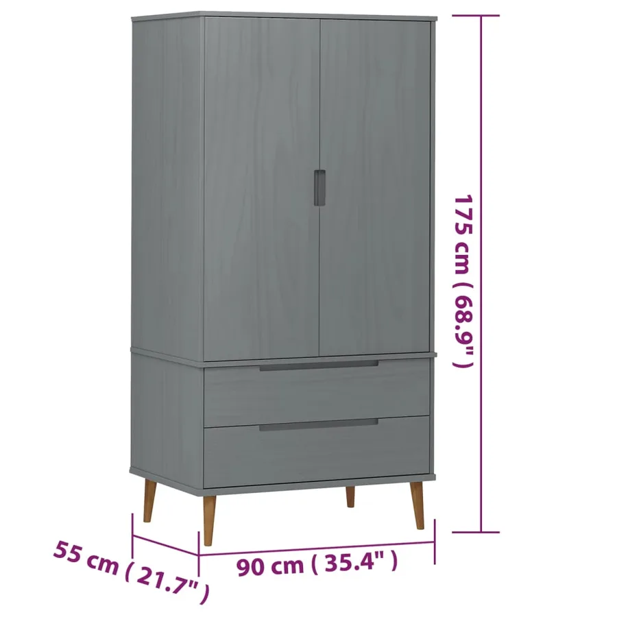 Garde-robe MOLDE Gris 90x55x175 cm Bois massif de pin - 8