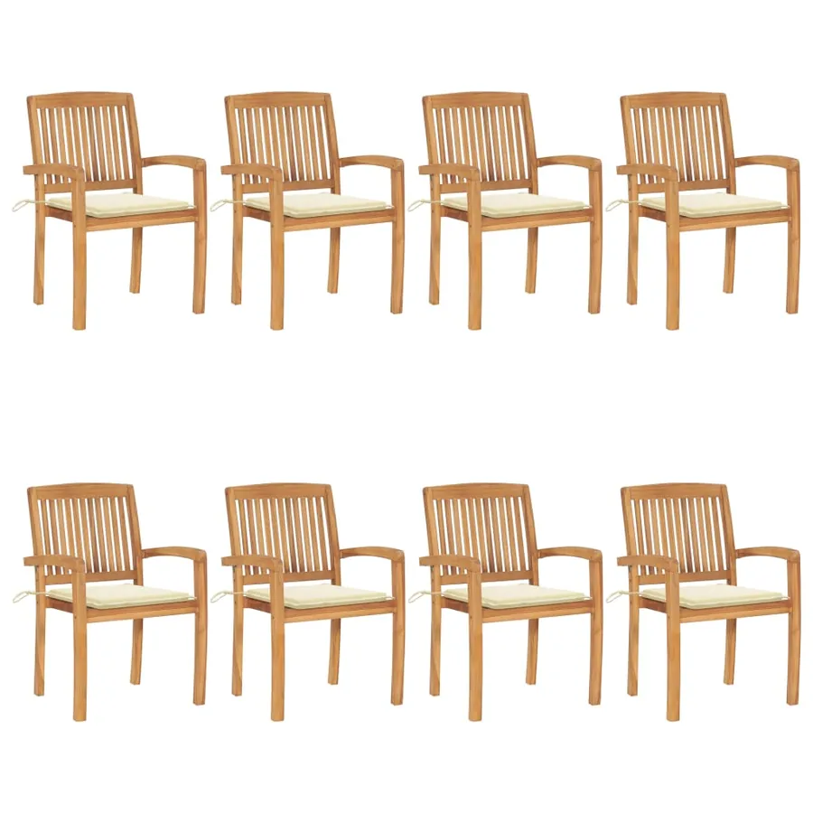 Chaises de jardin empilables avec coussins lot de 8 Teck solide