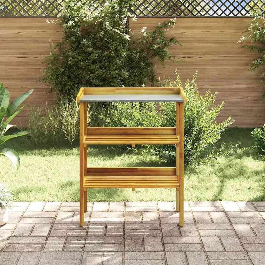 Banc à jardinière avec 2 étagères Bois massif d'acacia et zinc - 3