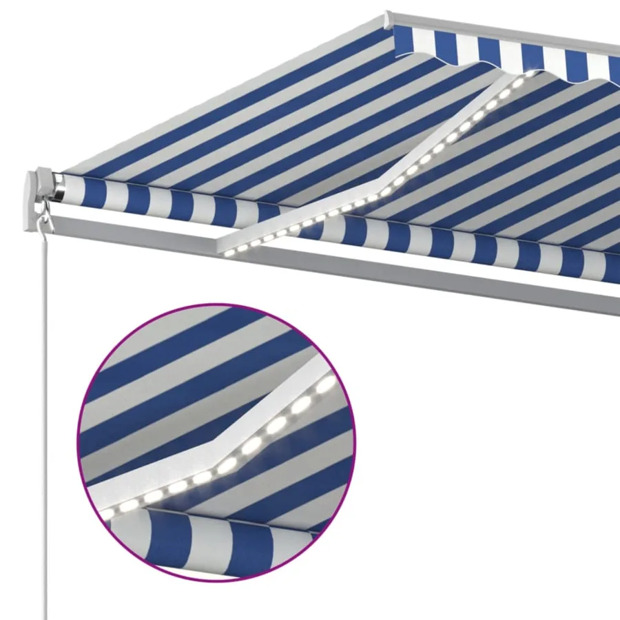 Auvent manuel rétractable avec LED 600x350 cm Bleu et blanc - 4