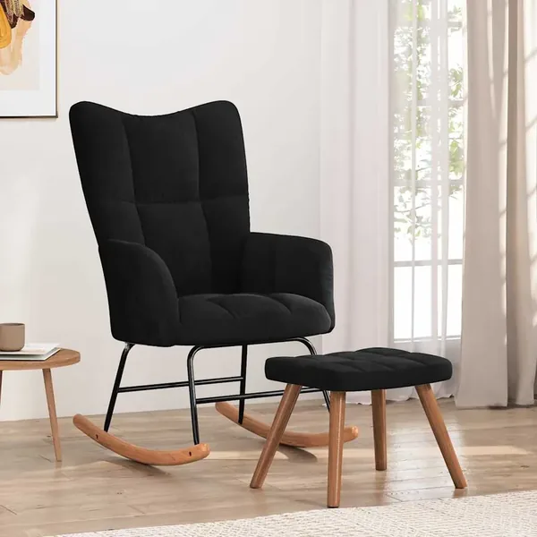 Chaise à bascule avec repose-pied Noir Velours