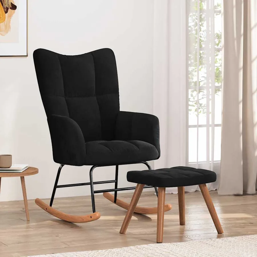 Chaise à bascule avec repose-pied Noir Velours