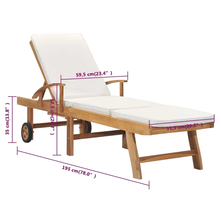 Chaise longue avec coussin Bois de teck solide Crème - 10