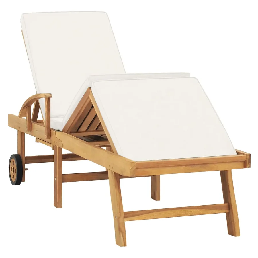 Chaise longue avec coussin Bois de teck solide Crème - 2