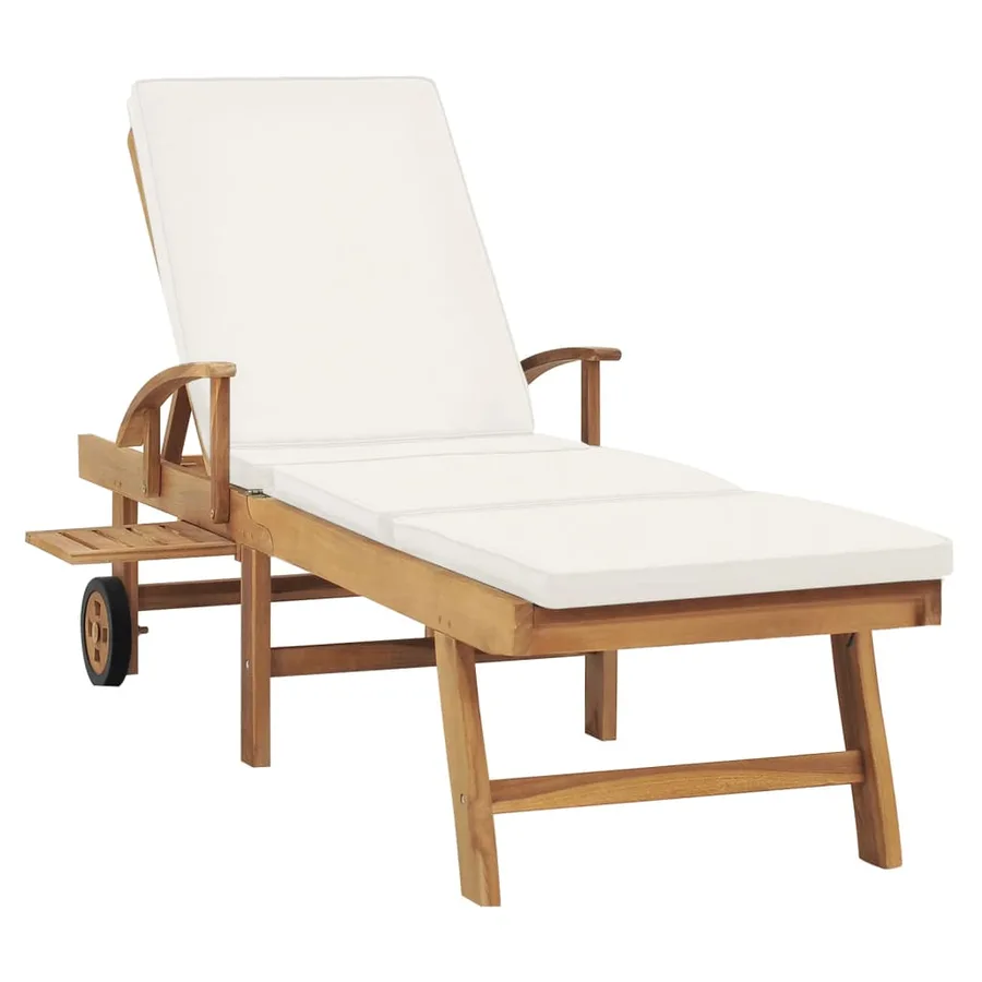 Chaise longue avec coussin Bois de teck solide Crème - 3