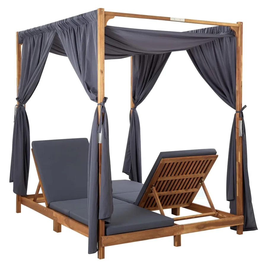 Chaise longue double avec rideaux et coussins Bois d'acacia - 3