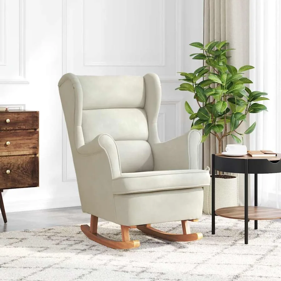 Fauteuil à bascule à oreilles en velours crème bois massif