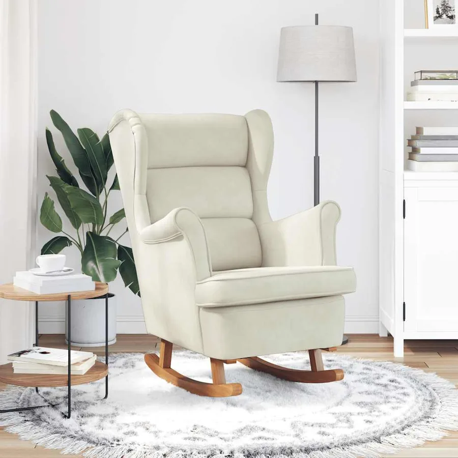 Fauteuil à bascule à oreilles en velours crème bois massif - 3