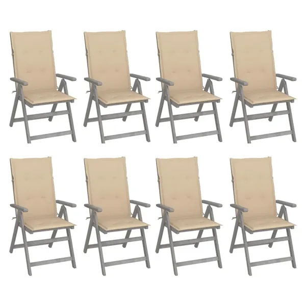 Chaises inclinables de jardin et coussins lot de 8 Gris Acacia