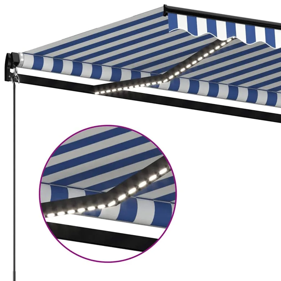 Auvent manuel rétractable avec LED 350x250 cm Bleu et blanc - 5