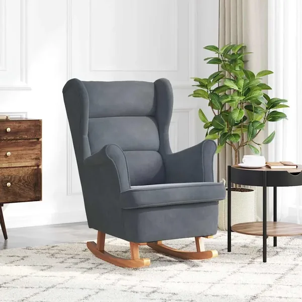 Fauteuil à bascule à oreilles en velours gris foncé bois massif