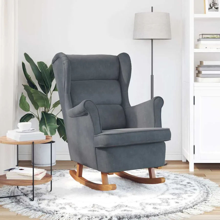 Fauteuil à bascule à oreilles en velours gris foncé bois massif - 3