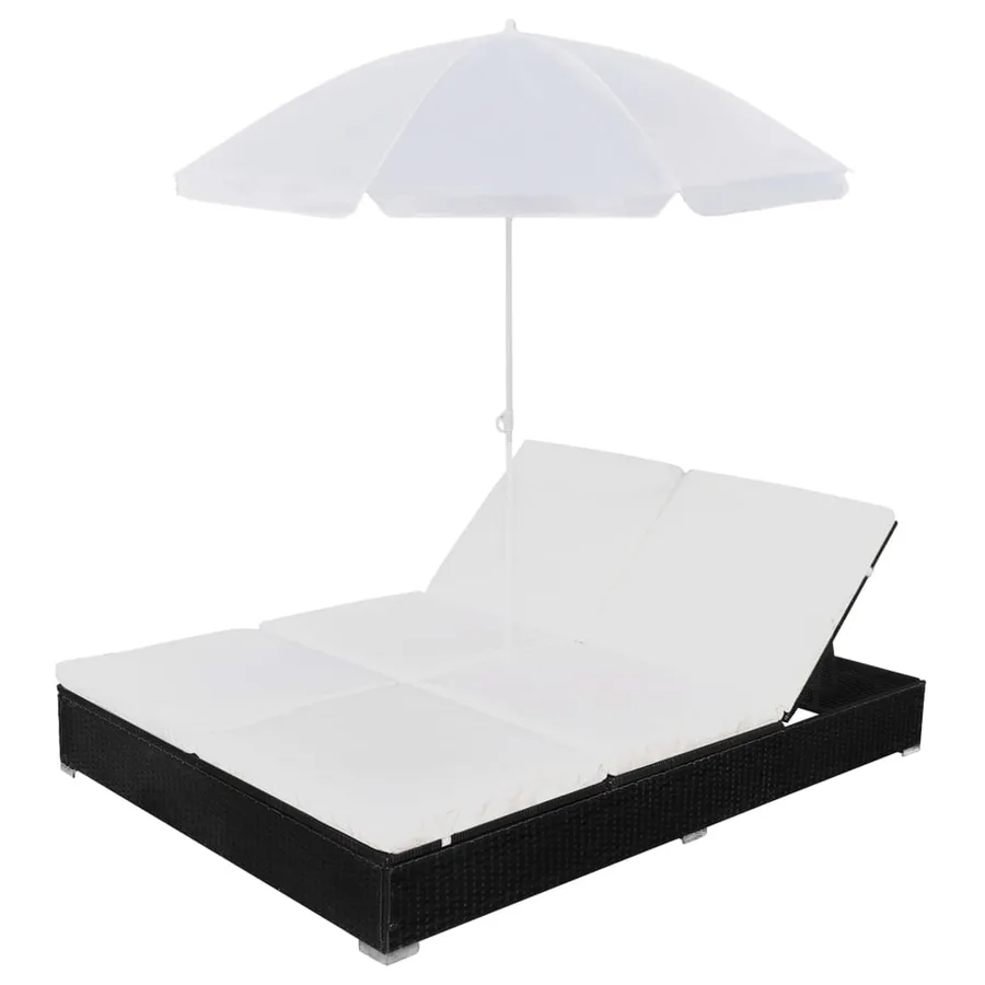Chaise longue d'extérieur avec parasol Résine tressée Noir - 3