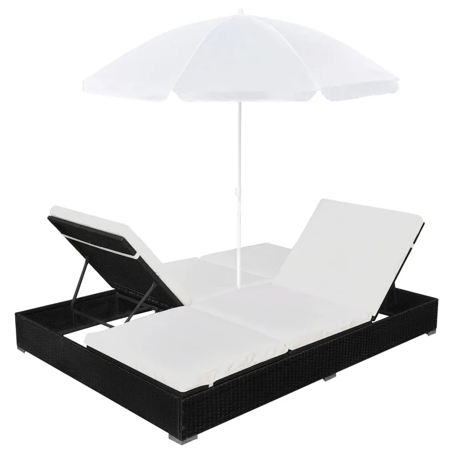 Chaise longue d'extérieur avec parasol Résine tressée Noir - 5