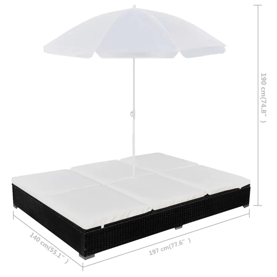 Chaise longue d'extérieur avec parasol Résine tressée Noir - 8