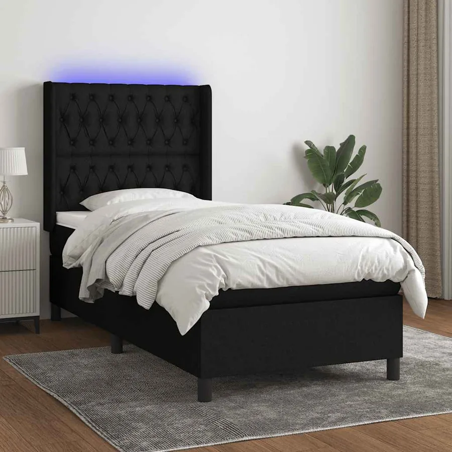 Sommier à lattes de lit matelas et LED Noir 100x200 cm Tissu