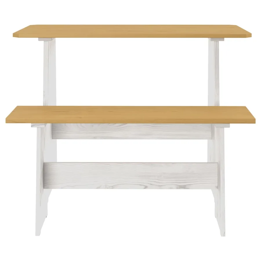 Table à manger et banc REINE marron miel blanc bois pin solide - 2