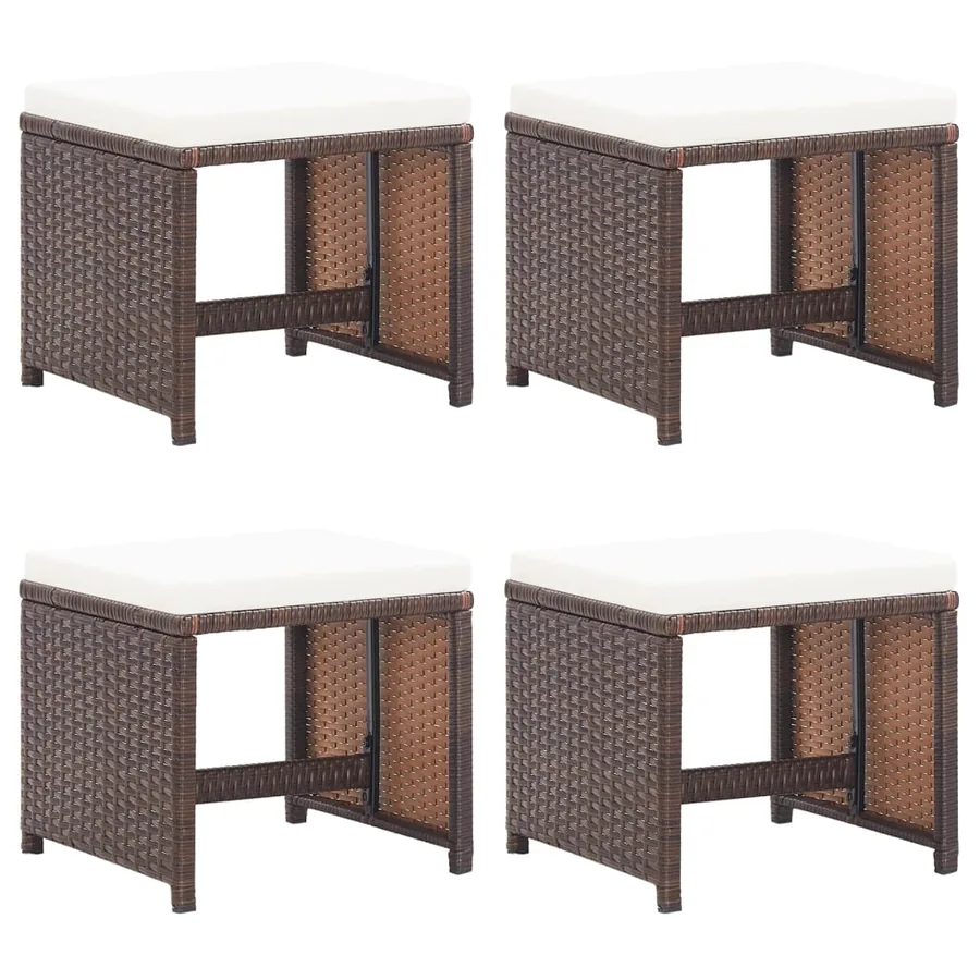 Tabourets de jardin lot de 4 et coussins Résine tressée Marron