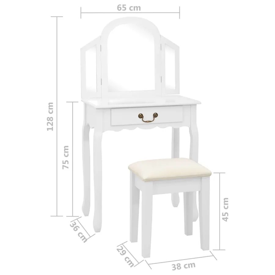Coiffeuse et tabouret Blanc 65x36x128 cm Bois de paulownia MDF - 11