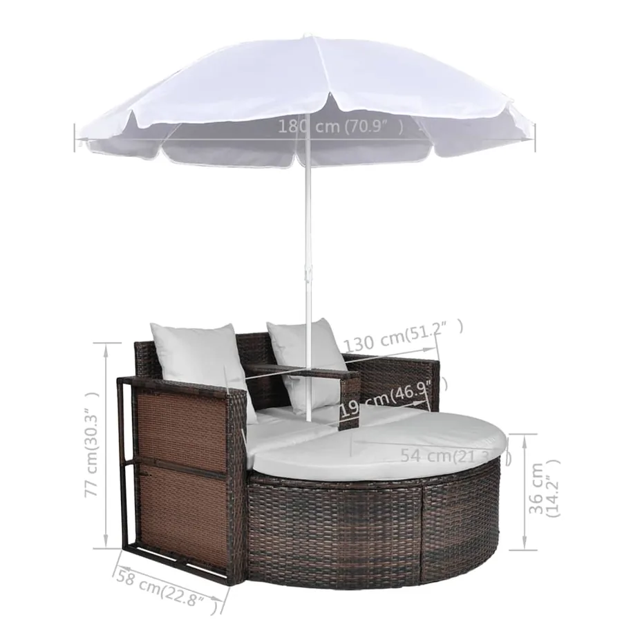 Lit de jardin avec parasol Noir Résine tressée - 16