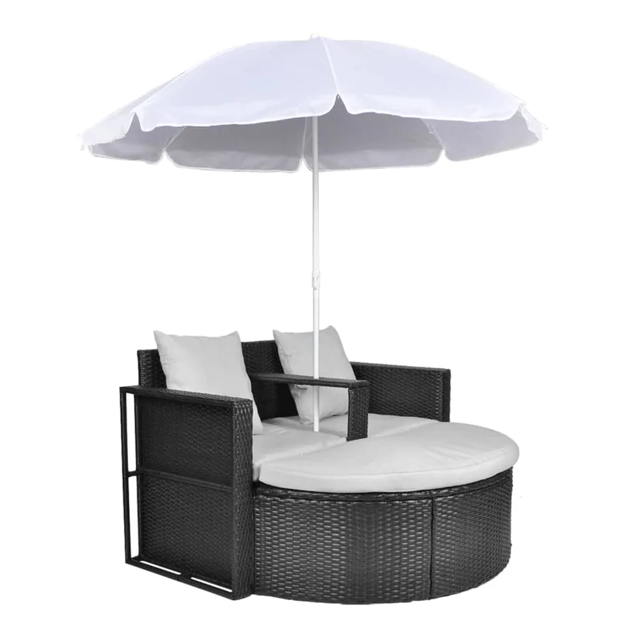 Lit de jardin avec parasol Noir Résine tressée - 2