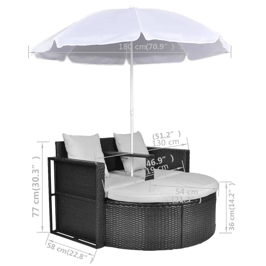 Lit de jardin avec parasol Noir Résine tressée - 8