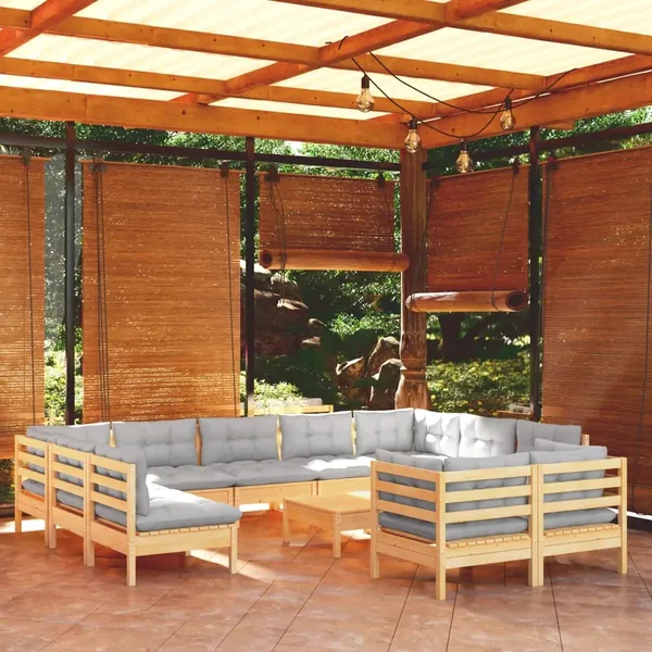 Salon de jardin 12 pcs avec coussins gris Bois de pin massif