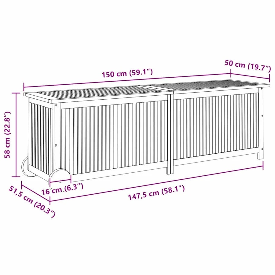 Boîte de rangement de jardin avec roues 150x50x58cm bois acacia - 8