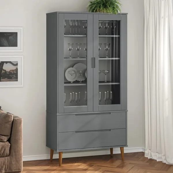 Armoire à vitrine MOLDE Gris 90x35x175 cm Bois de pin massif