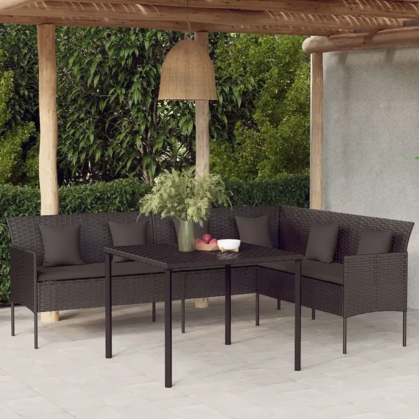 Canapé de jardin en forme de L et coussins noir résine tressée