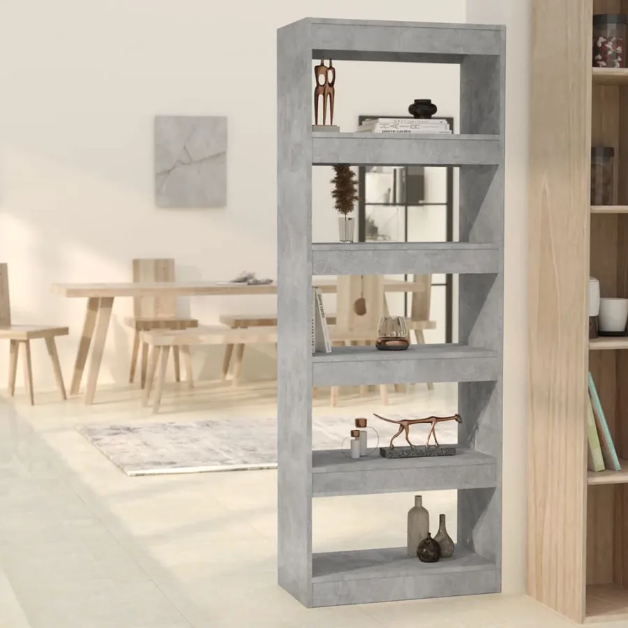 Bibliothèque/séparateur de pièce gris béton bois d'ingénierie
