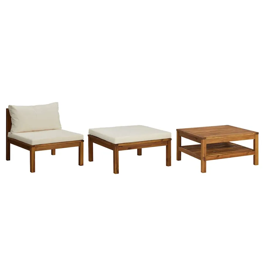Salon de jardin 3 pcs avec coussins blanc crème Bois d'acacia - 2