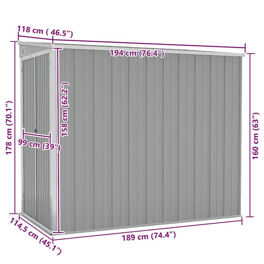 Abri de jardin mural Gris 118x194x178 cm Métal galvanisé - 7
