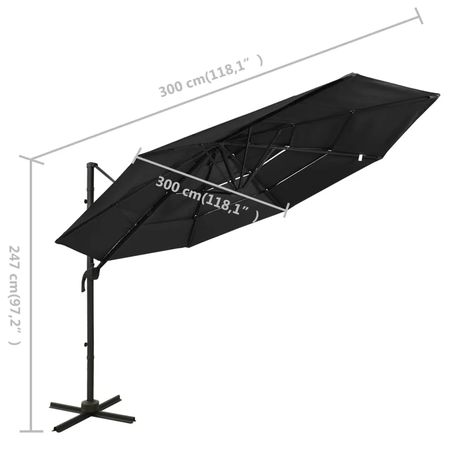 Parasol de jardin à 4 niveaux avec mât en aluminium noir 3x3 m - 8