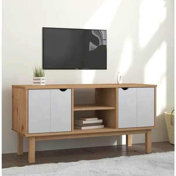 Meuble TV OTTA Marron et blanc 113,5x43x57cm Bois de pin massif