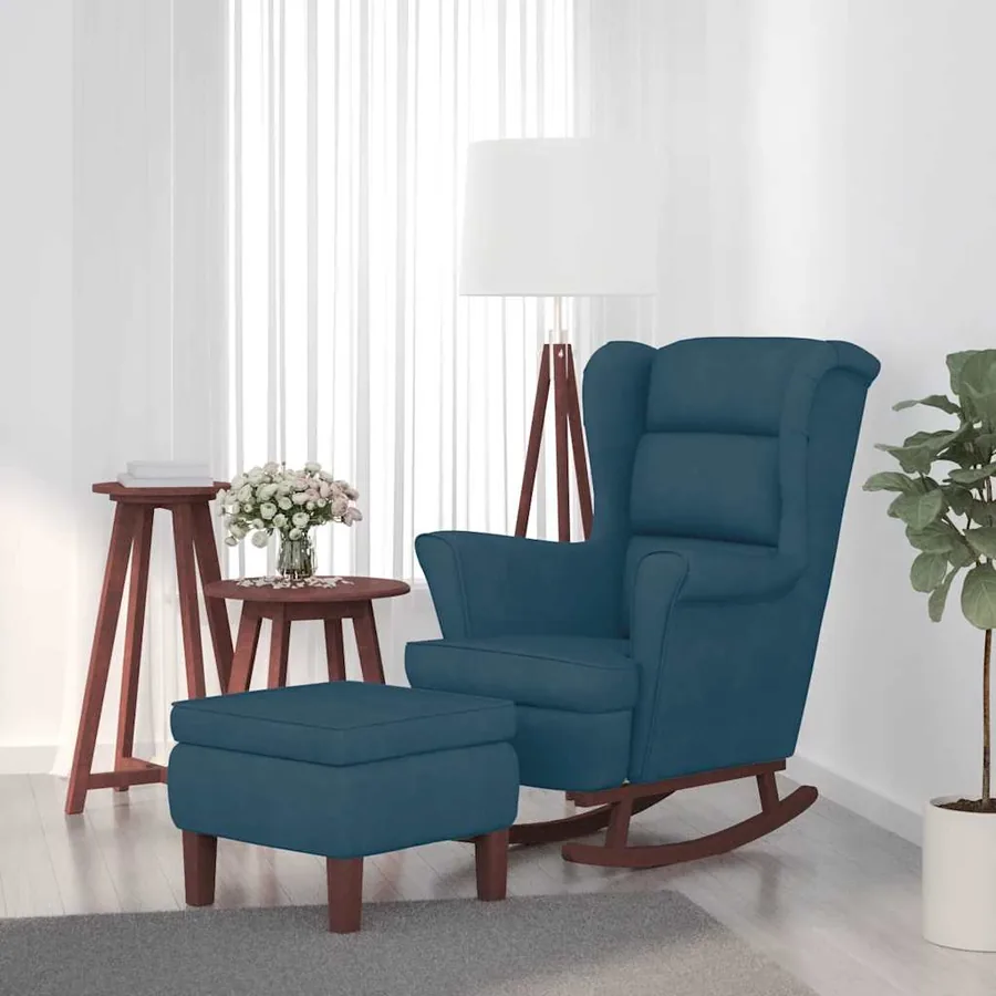 Fauteuil à bascule à oreilles en velours bleu bois massif