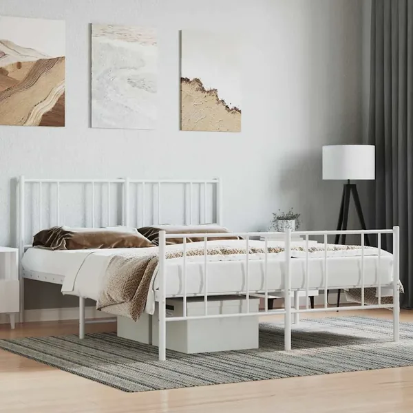 Cadre de lit métal sans matelas et pied de lit blanc 120x190 cm