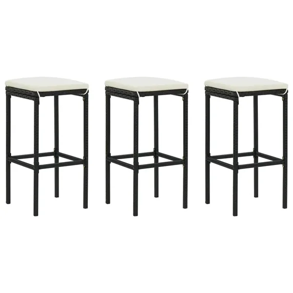 Tabourets de bar avec coussins lot de 3 noir résine tressée