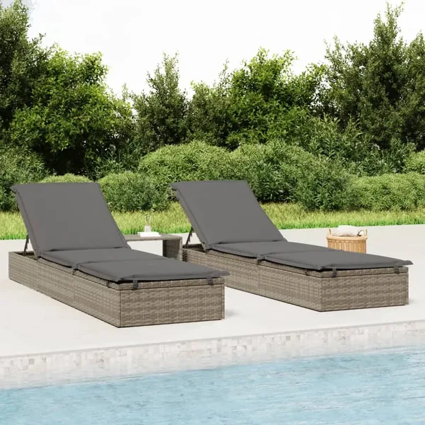 Transats 2 pcs avec table gris résine tressée
