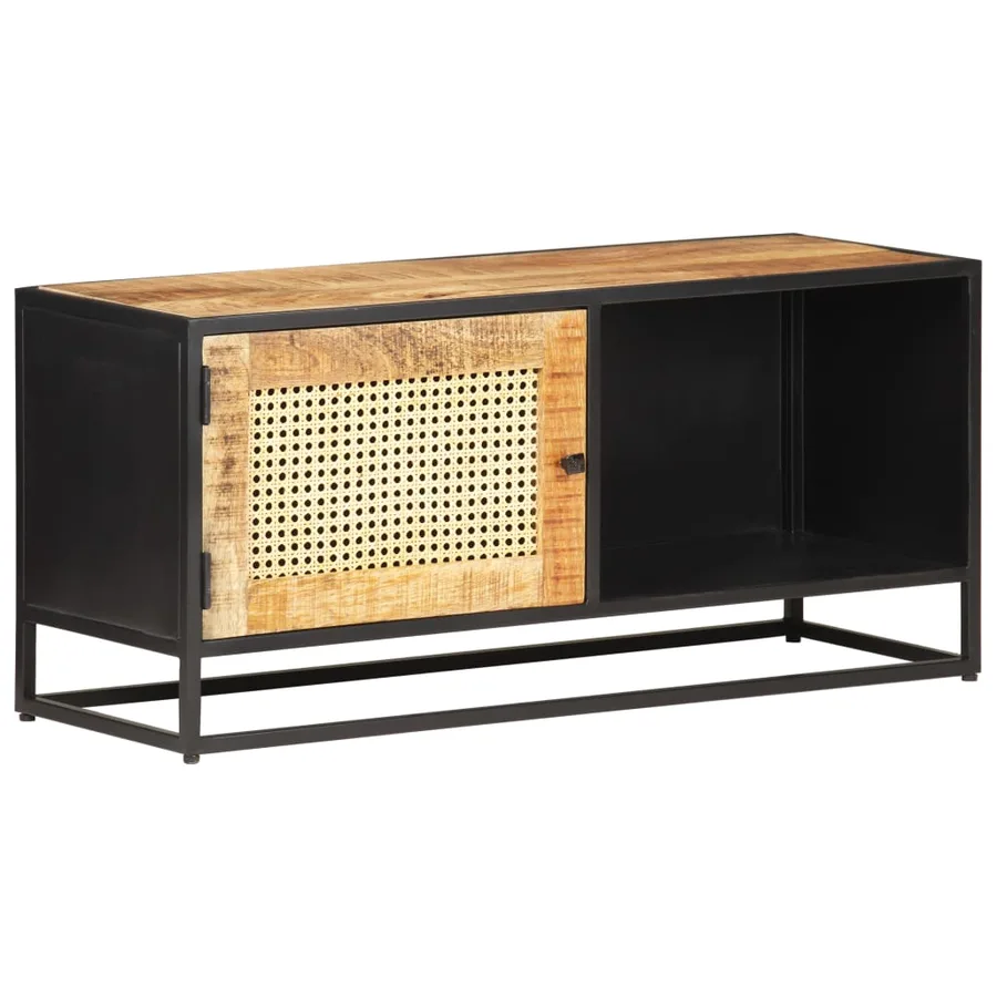 Meuble TV 90x30x40 cm Bois de manguier brut et canne naturelle - 10