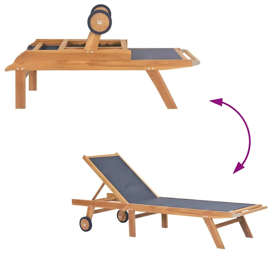 Chaise longue pliable avec roulettes Teck massif et textilène - 5