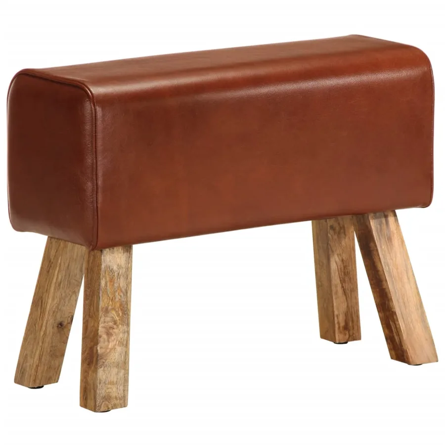 Banc saut de cheval 58 cm marron cuir véritable et manguier - 2