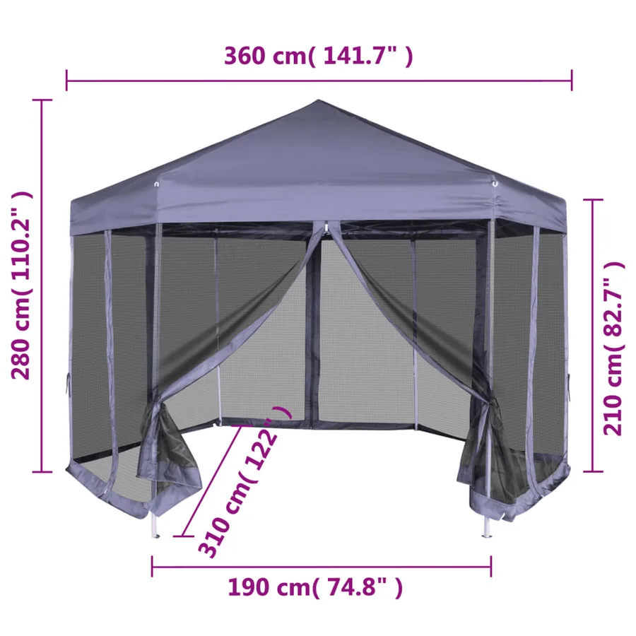 Chapiteau hexagonal avec 6 parois latérales 3,6x3,1m Bleu foncé - 12