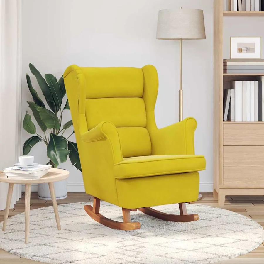 Fauteuil à bascule à oreilles en velours jaune bois massif - 3